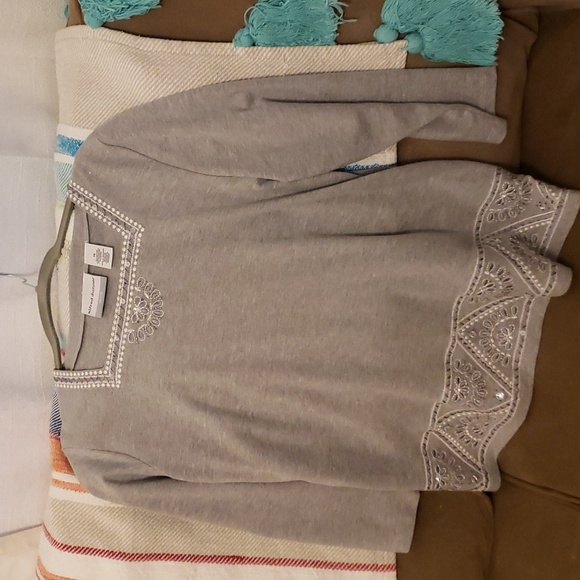 alfred dunner size ps gray square neck 3/4 sleeve pullover top with embroidery + - Picture 8 of 11